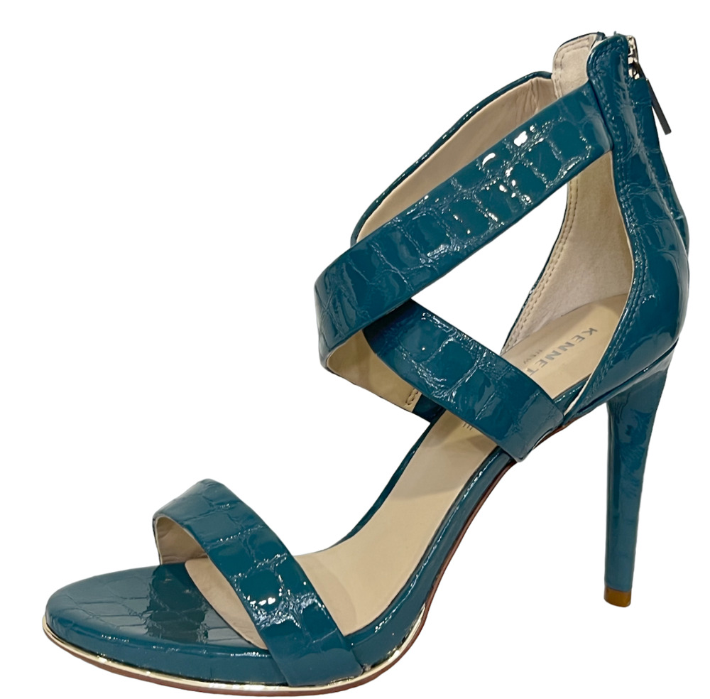 KENNETH COLE NEW YORK GREEN BROOKE ANIMAL PRINT CROSS STRAPPY SANDAL HEELS 6.5